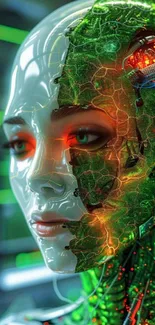 Cyborg face with nature and technology blend, green accents.