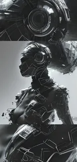 Futuristic cybernetic figure in grayscale art.