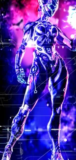 Futuristic cybernetic figure with glowing purple and blue background.