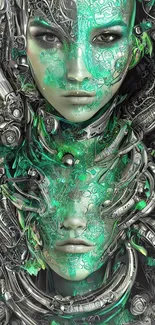 Futuristic cybernetic face with green and metallic elements in a captivating design.