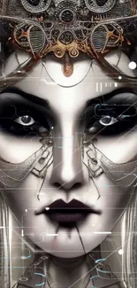 Futuristic cybernetic face with intricate art design in monochrome tones.