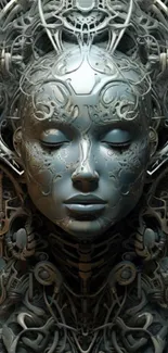 Futuristic cybernetic face artwork with intricate details and digital aesthetics.