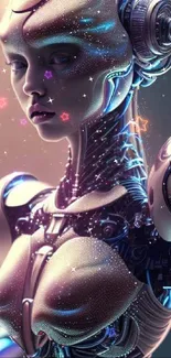 Futuristic cybernetic android with intricate design in vibrant, digital art.