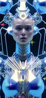 Futuristic cybernetic figure with blue accents.