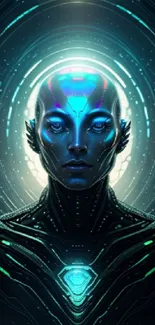 Futuristic humanoid with neon blue glow and intricate digital patterns.