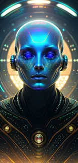 Futuristic humanoid figure with glowing blue tones and cybernetic design.