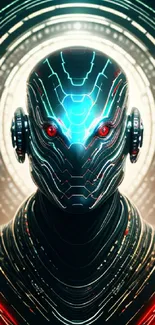 Futuristic robot with glowing red eyes in digital art wallpaper.