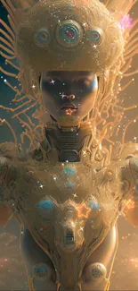 Futuristic android art with golden tones and space elements in the background.