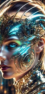 Futuristic cybernetic face with glowing elements and detailed digital art design.