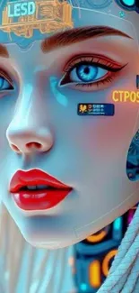 Futuristic cybernetic face with blue eyes and vibrant colors.