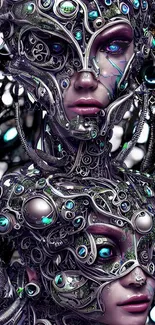 Futuristic cybernetic art wallpaper with intricate metallic details.