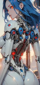 Futuristic cybernetic humanoid robot with blue and red accents.