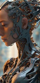 Cybernetic artwork of a futuristic robotic figure with intricate design.