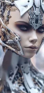 Futuristic cyborg with metallic elements and intricate design on mobile wallpaper.