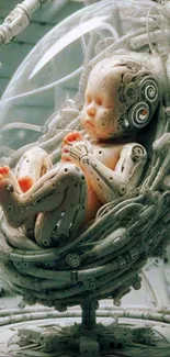 Futuristic cybernetic baby in high-tech pod.