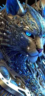 Futuristic cybernetic cat with blue metallic design.