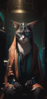 Futuristic cybernetic cat in a regal robe with glowing blue eyes.