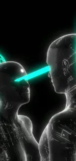 Futuristic cybernetic figures with neon energy connection.