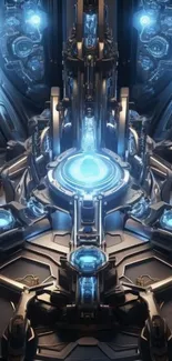 Futuristic cybernetic design with glowing blue elements.