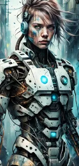 Cybernetic humanoid in urban sci-fi setting with glowing blue elements.