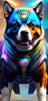 Futuristic cybernetic dog with vibrant colors in a sci-fi landscape.