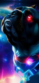 Futuristic cybernetic dog in neon space backdrop.