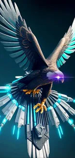 Futuristic cybernetic eagle with blue lights and wings spread wide on a dark background.