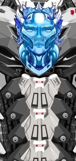 Futuristic cybernetic face with blue accents on a mechanical background.