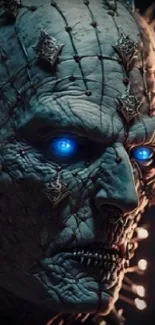 Futuristic cybernetic face with glowing blue eyes.