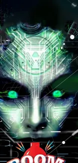 Futuristic cybernetic face with neon green hues and circuit patterns.