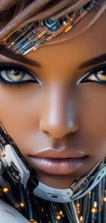 Futuristic cybernetic female face with robotic elements in a vibrant wallpaper.