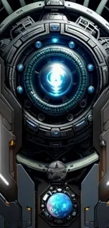 Futuristic cybernetic mechanical gear with blue glow.