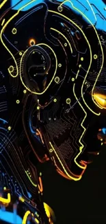 Futuristic cybernetic head artwork with neon highlights.