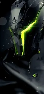 Futuristic cybernetic helmet with neon green glow on black background.