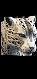 Cybernetic leopard with intricate design on black background.