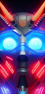 Futuristic mask with glowing neon lights in blue and red.