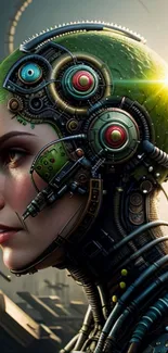 Futuristic cyborg woman with intricate green cybernetic design in sci-fi setting.