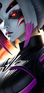 Futuristic cybernetic portrait art with bold purple and red accents.