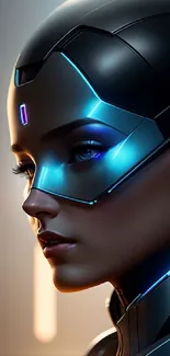 Futuristic cybernetic portrait with blue accents and a high-tech design.