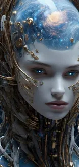 Futuristic cybernetic portrait of a woman with intricate details in blue hues.