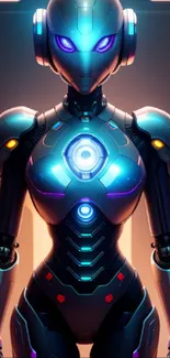 Futuristic cybernetic robot with glowing lights, set against a dark blue background.