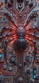 Cybernetic spider on intricate circuit board design wallpaper.