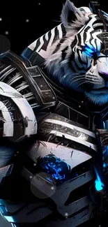 Futuristic cybernetic tiger with glowing blue parts on dark background.