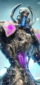 Futuristic cybernetic warrior in detailed metallic armor with purple accents.