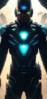 Futuristic cybernetic warrior in glowing armor with sci-fi backdrop.