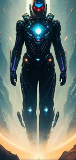 Futuristic cybernetic warrior in vibrant neon setting mobile wallpaper.