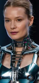 Futuristic cybernetic woman in metallic armor on a dark background.