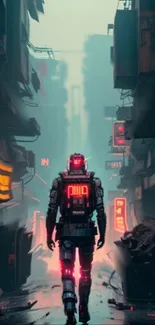 Cyberpunk alley with neon lights and a lone figure in futuristic armor.