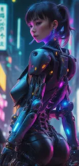 Futuristic cyberpunk android with neon lights in a vibrant cityscape.