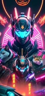 Futuristic cyberpunk wallpaper with neon elements and robotic animals.